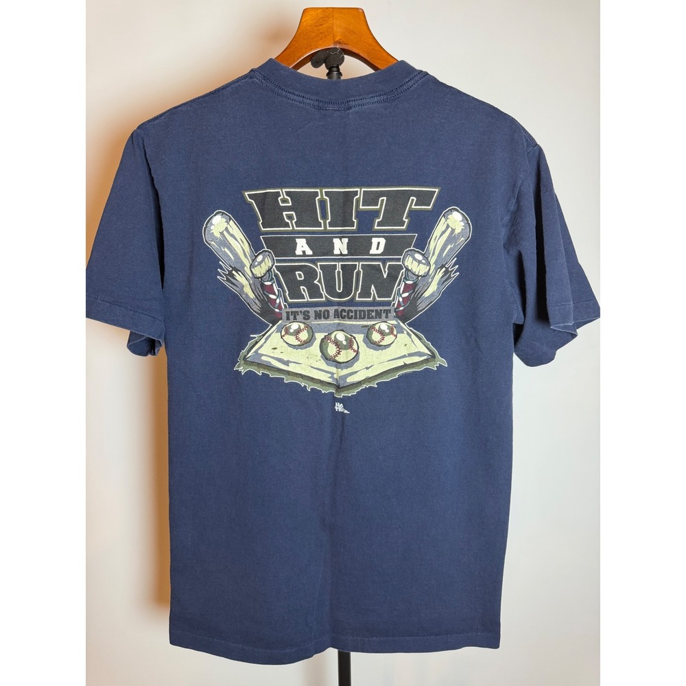 Vintage No Fear Hit and Run Baseball T-Shirt Navy Blue Large Made in USA 90s